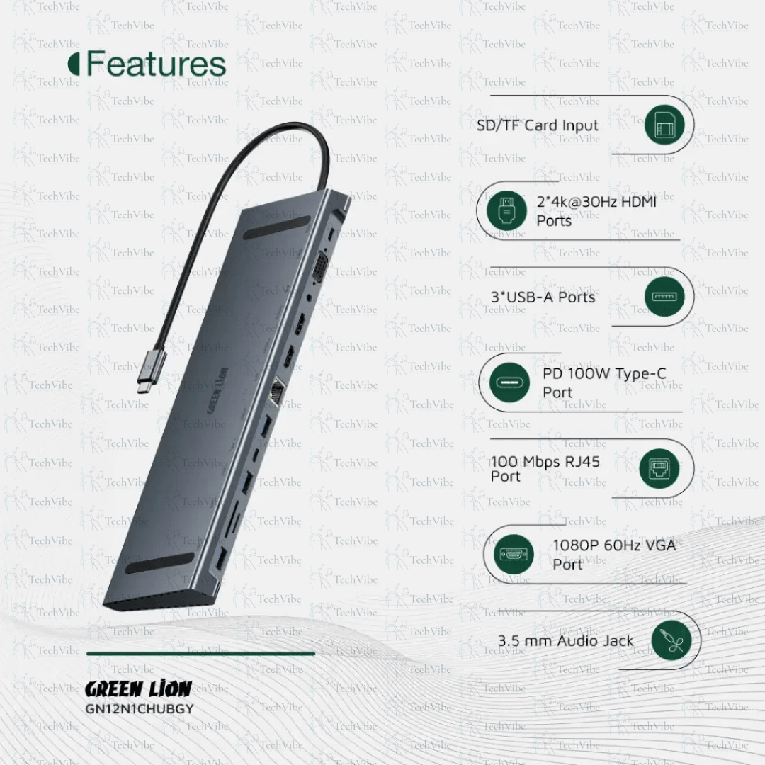 Green Lion 12 - In - 1 4K Hdmi Ethernet Usb - C Hub - Gray - TechVibe