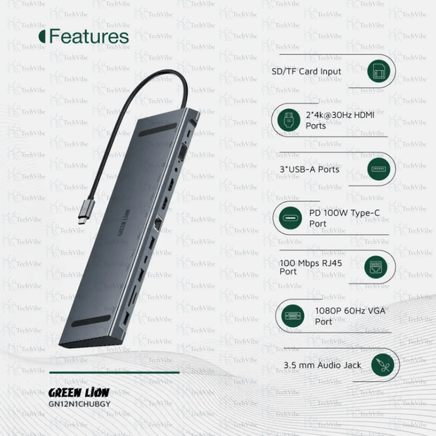Green Lion 12 - In - 1 4K Hdmi Ethernet Usb - C Hub - Gray - TechVibe