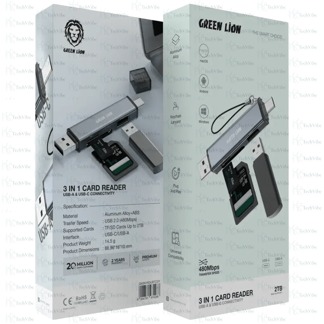 Green Lion 3 in 1 Card Reader with USB - A & USB - C Connectivity - TechVibe