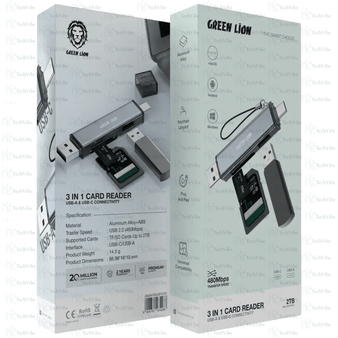 Green Lion 3 in 1 Card Reader with USB - A & USB - C Connectivity - TechVibe