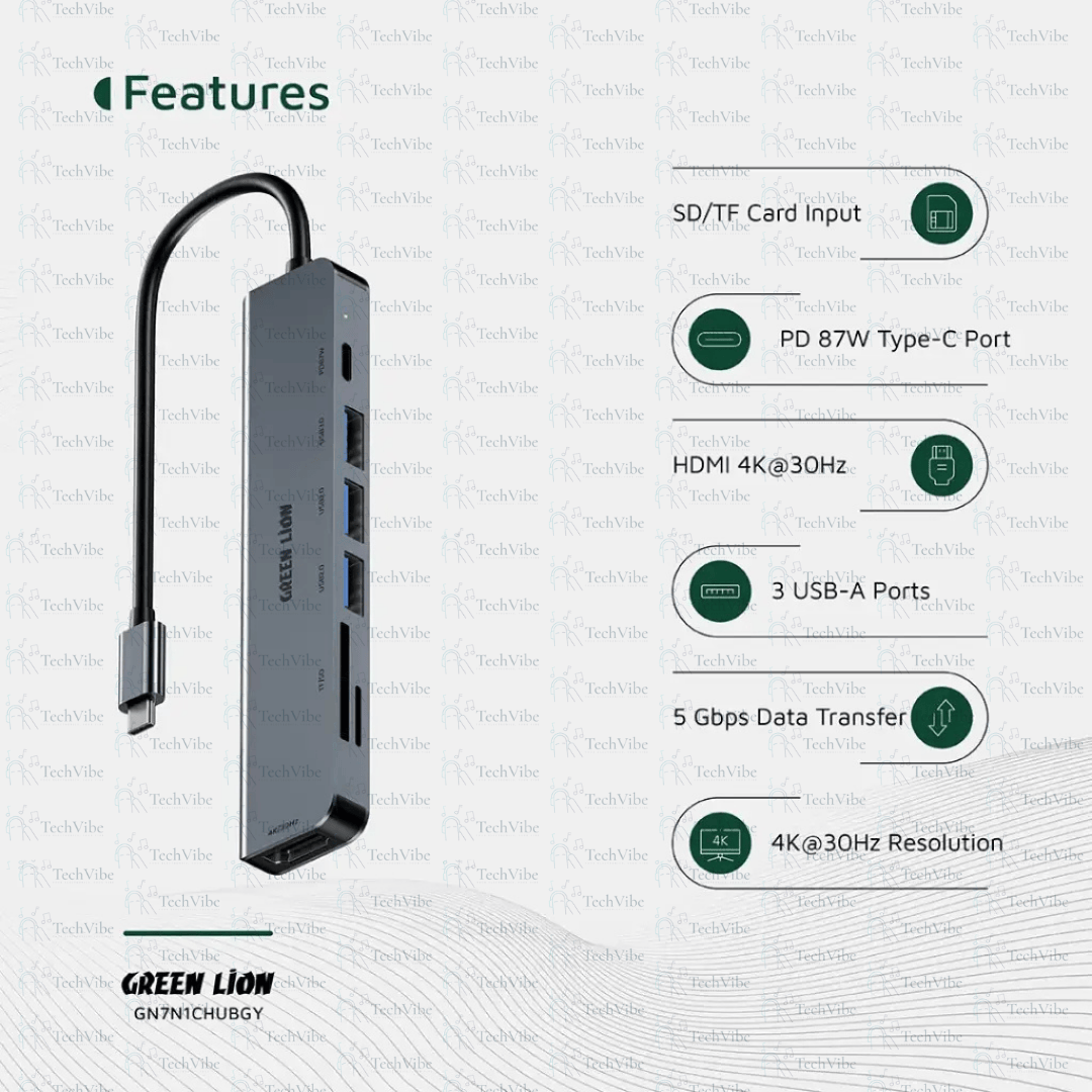 Green Lion 7 - In - 1 Usb - C Hub - Gray - TechVibe