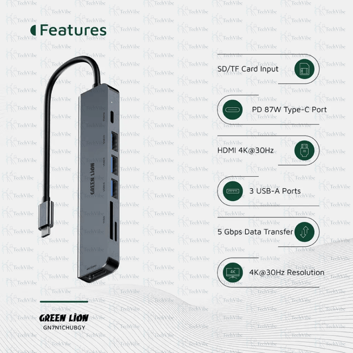 Green Lion 7 - In - 1 Usb - C Hub - Gray - TechVibe