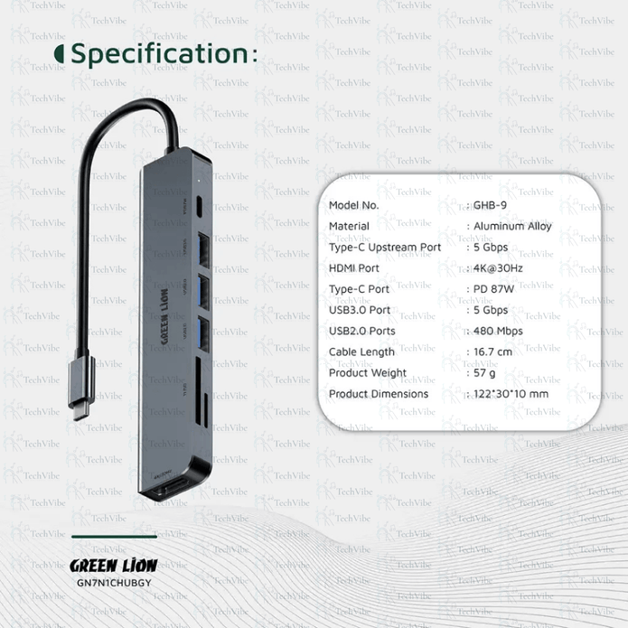 Green Lion 7 - In - 1 Usb - C Hub - Gray - TechVibe