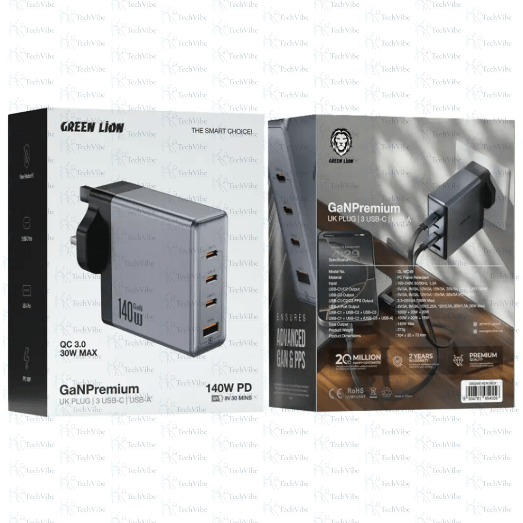 Green Lion Gan Premium Uk Plug Wall Charger 140W - Gray - TechVibe