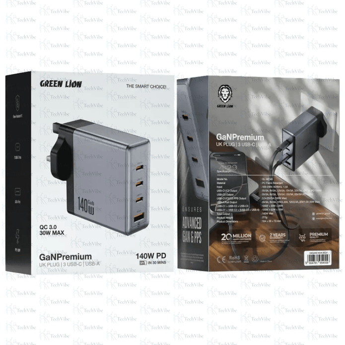 Green Lion Gan Premium Uk Plug Wall Charger 140W - Gray - TechVibe