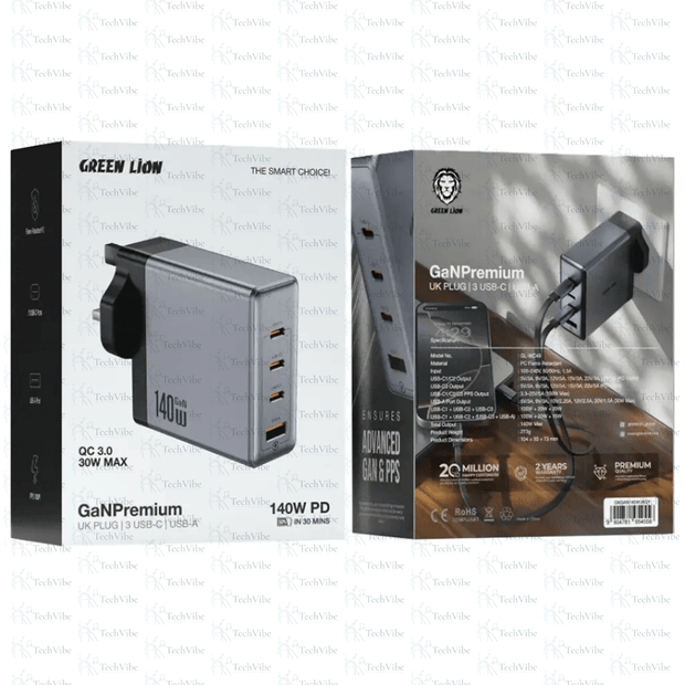 Green Lion Gan Premium Uk Plug Wall Charger 140W - Gray - TechVibe