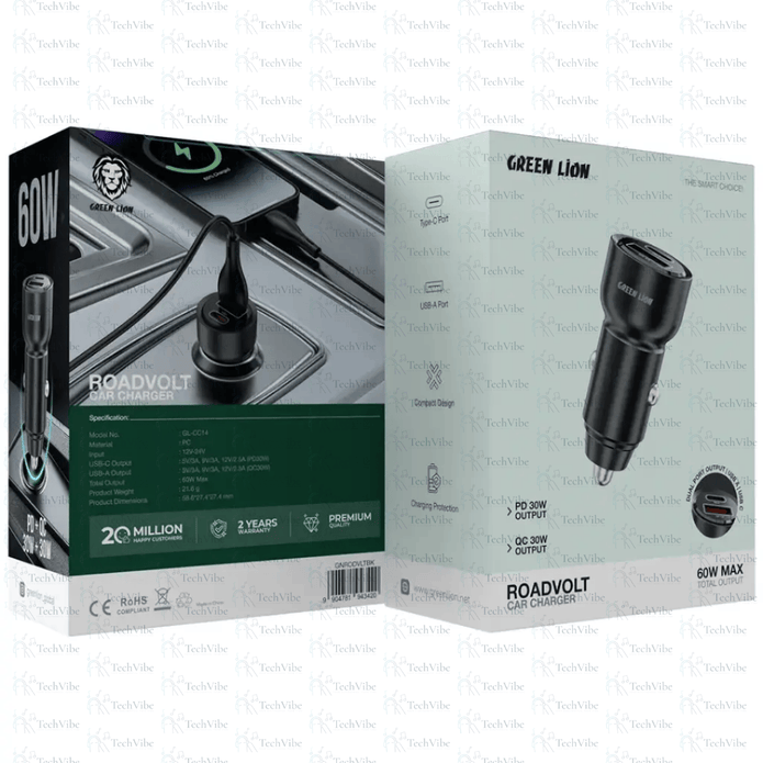 Green Lion Roadvolt Car Charger Pd+Qc 60W - Black - TechVibe