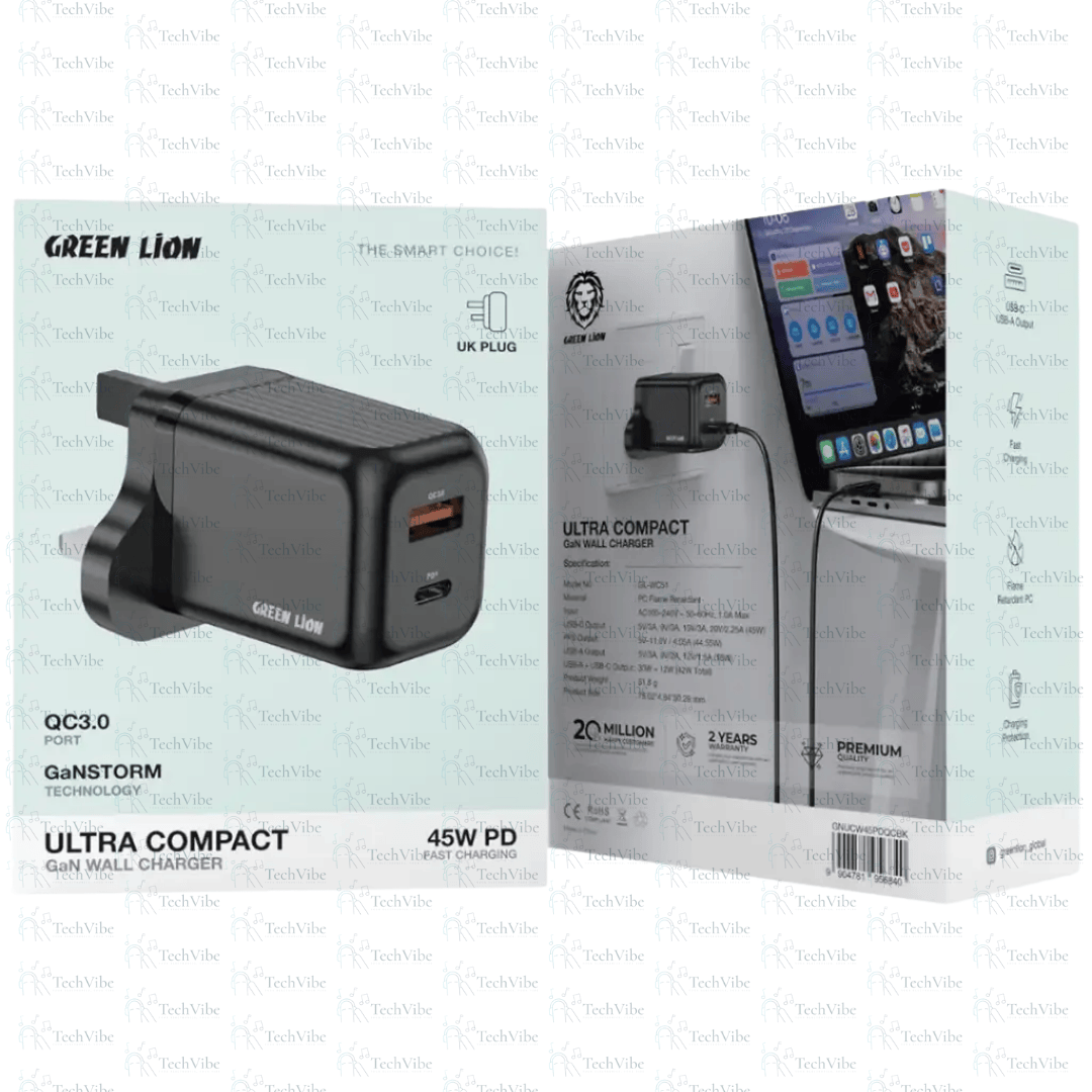 Green Lion Ultra Compact Gan Wall Charger 45W - Black - TechVibe