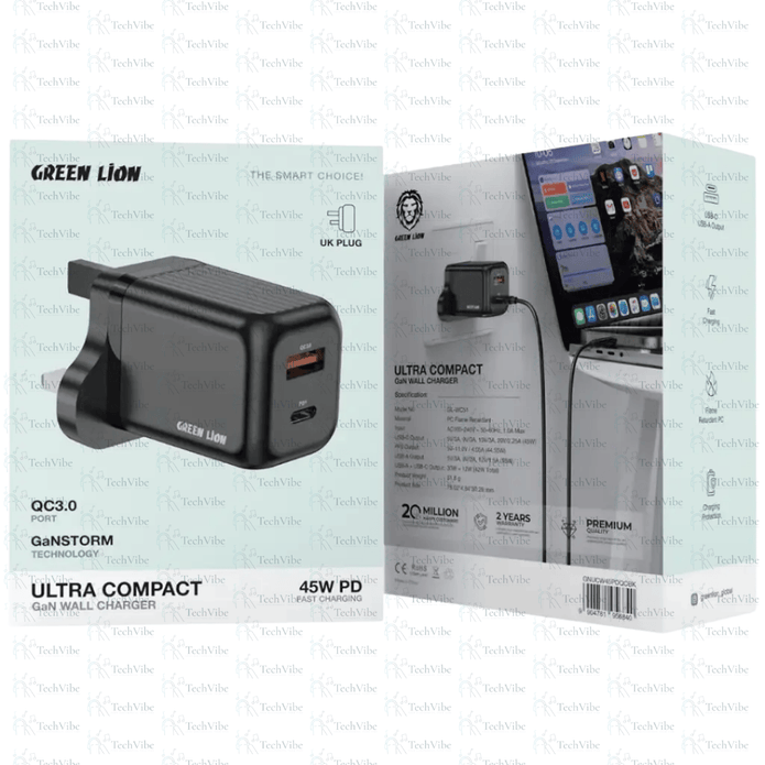 Green Lion Ultra Compact Gan Wall Charger 45W - Black - TechVibe