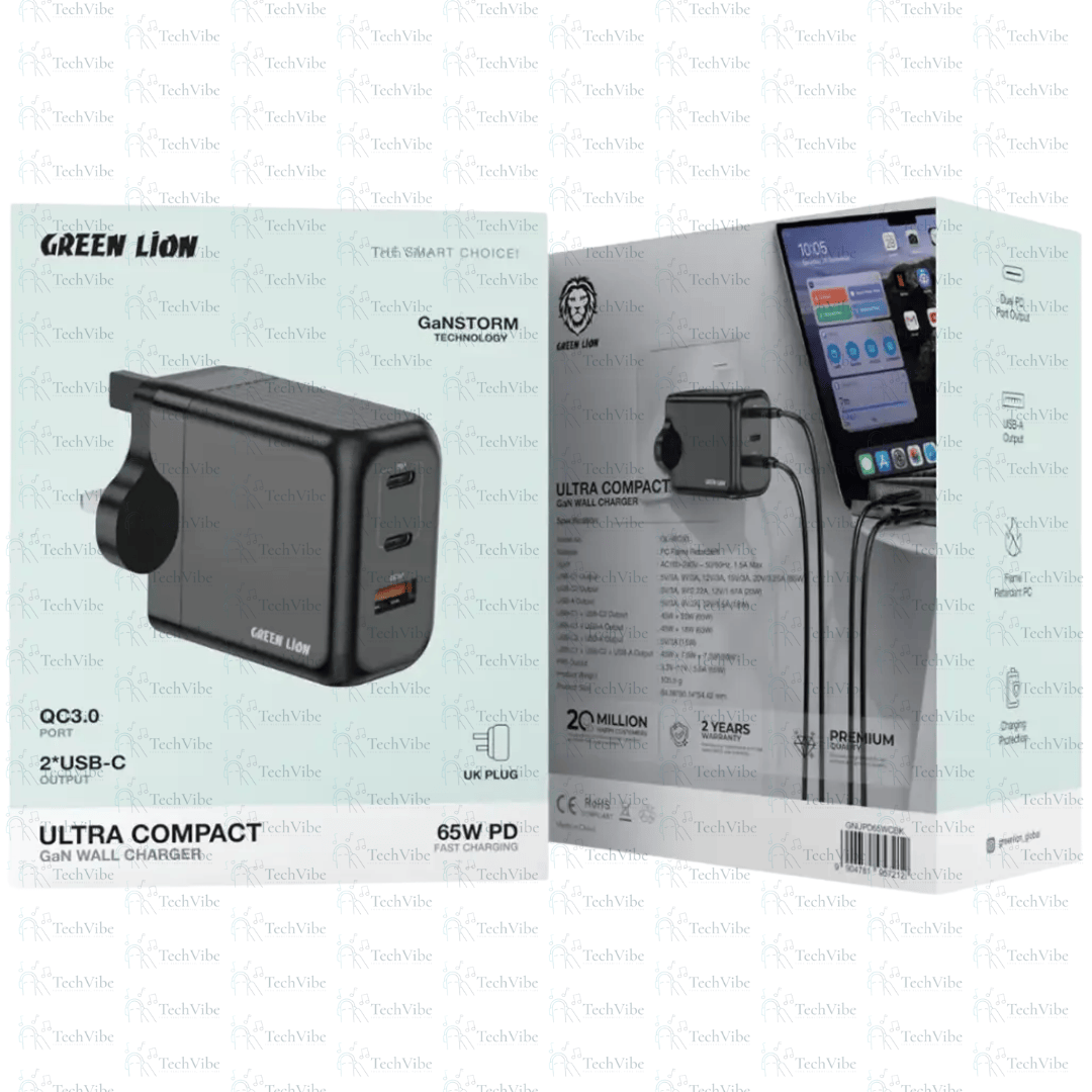 Green Lion Ultra Compact Gan Wall Charger 65W - Black - TechVibe