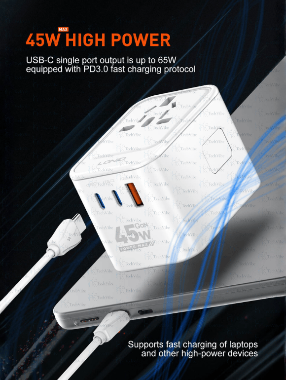 LDNIO 3 Usb Ports 45W Gan Travel Adapter Z8 - TechVibe