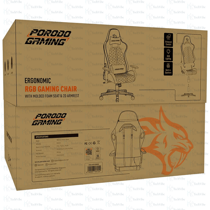 Porodo Gaming Ergonomic RGB Gaming Chair - Black/Orange - TechVibe
