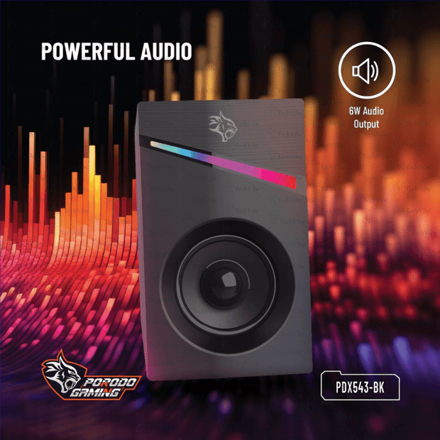 Porodo Gaming Stereo Speakers Volume Knob Control with 6W audio output and vibrant lighting effects.
