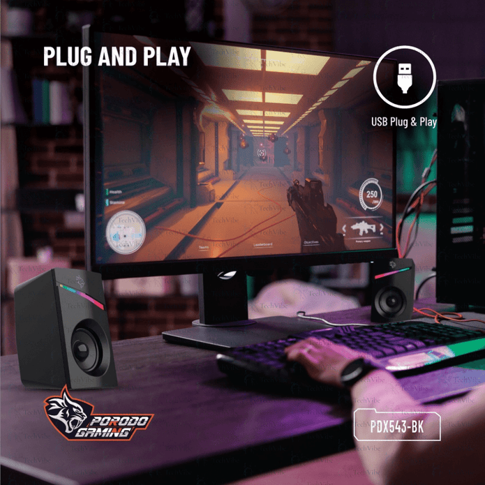 Porodo Gaming Stereo Speakers Volume Knob Control showcased with USB Plug & Play connectivity in a gaming setup.