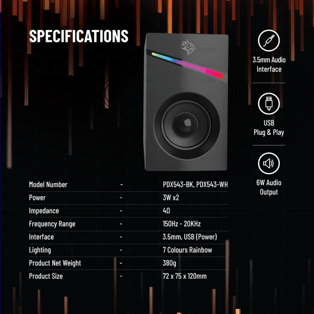 Porodo Gaming Stereo Speakers Volume Knob Control with RGB lighting and detailed specifications.