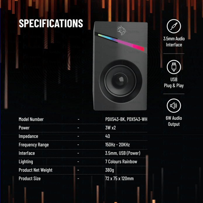 Porodo Gaming Stereo Speakers Volume Knob Control with RGB lighting and detailed specifications.