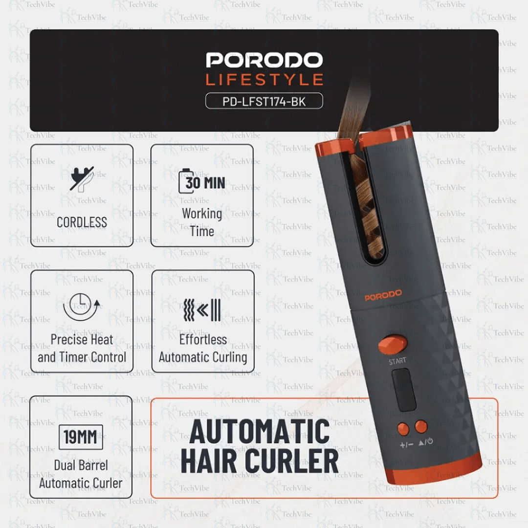 Porodo Lifestyle Automatic Hair Curler - Black - TechVibe