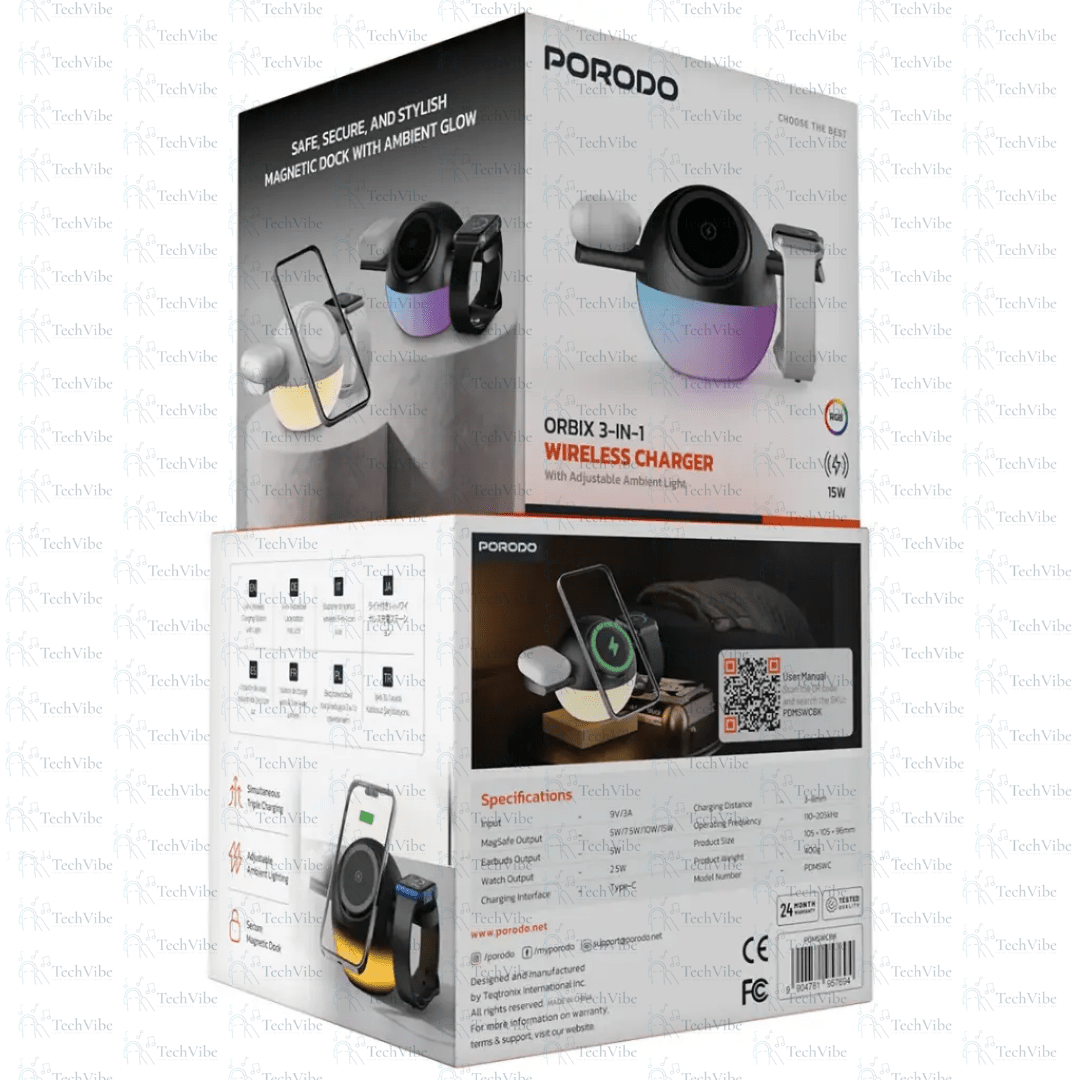 Porodo Orbix 3 - In - 1 Wireless Charger with Adjustable Ambient Light - TechVibe