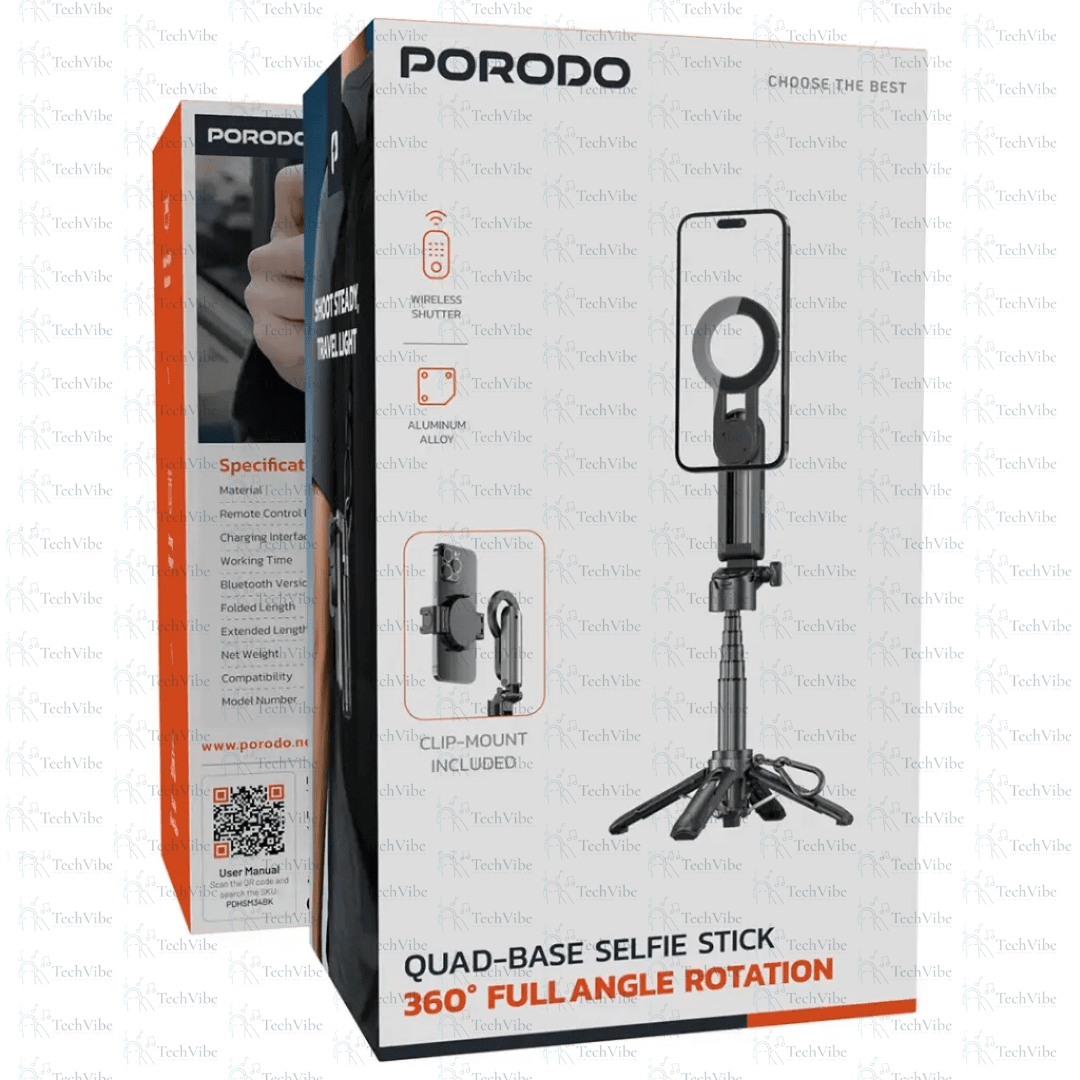 Porodo Quad - Base Selfie Stick with 360° Full Angle Rotation - TechVibe