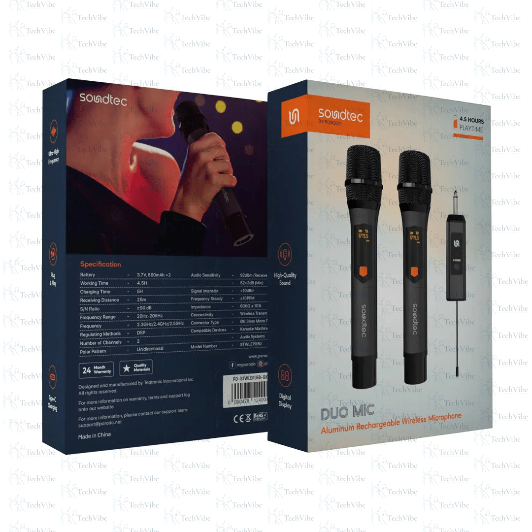 Porodo Soundtec Duo Mic Aluminum Rechargeable Wireless Microphone - TechVibe