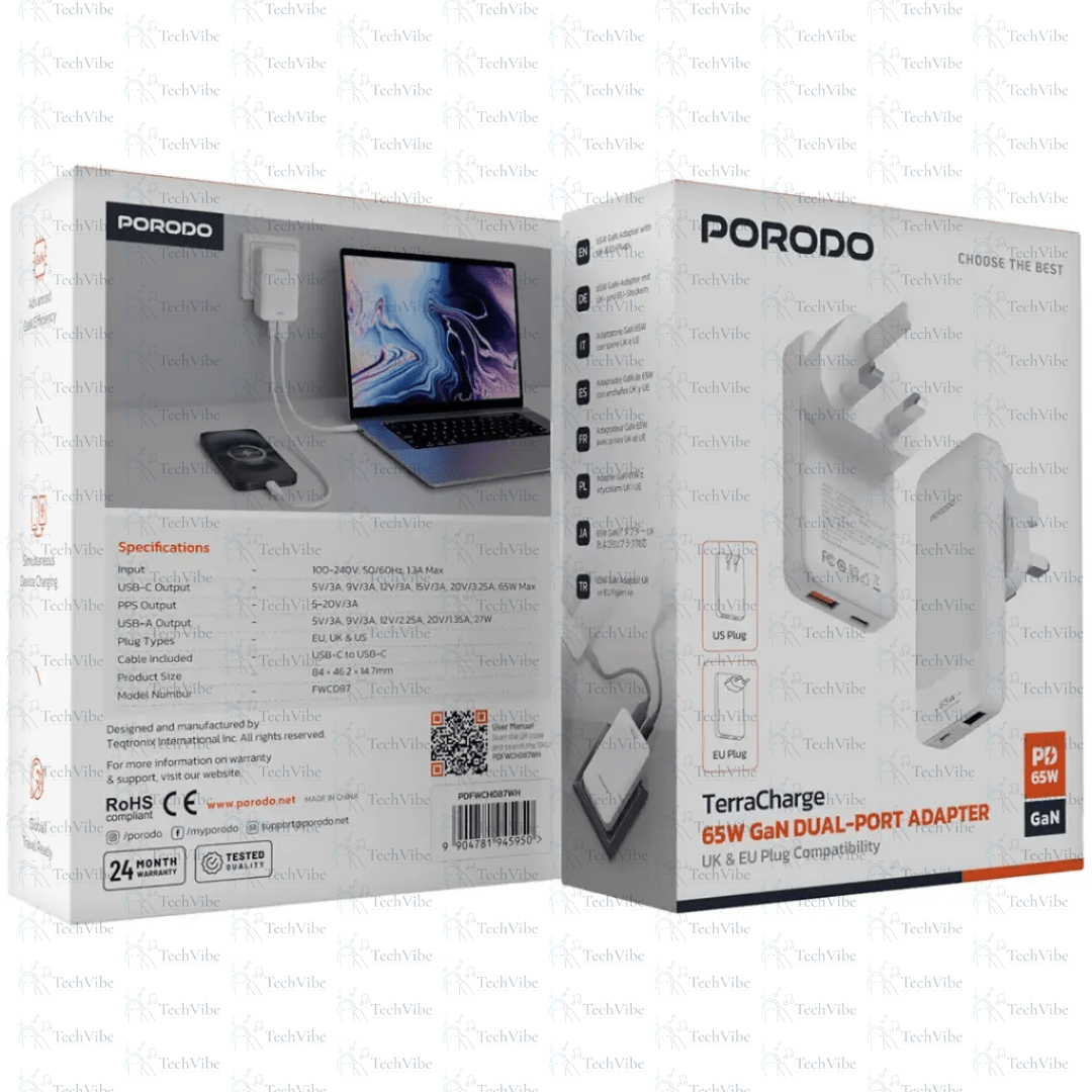Porodo TerraCharge 65W GaN Dual - Port Adapter - White - TechVibe