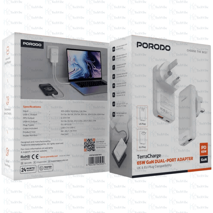 Porodo TerraCharge 65W GaN Dual - Port Adapter - White - TechVibe