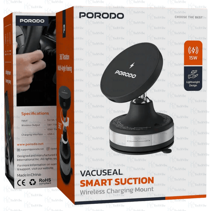 Porodo Vacuseal Smart Suction Wireless Charging Mount - Black - TechVibe