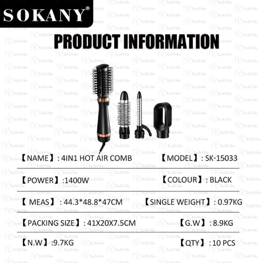 Sokany 1400W 4 - In - 1 Hot Air Comb With 4 Styling Brushes - TechVibe