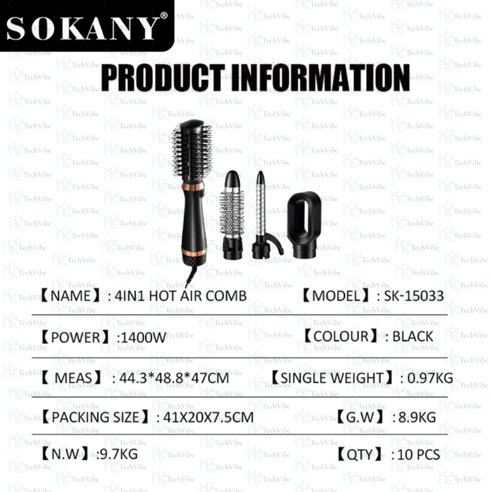 Sokany 1400W 4 - In - 1 Hot Air Comb With 4 Styling Brushes - TechVibe
