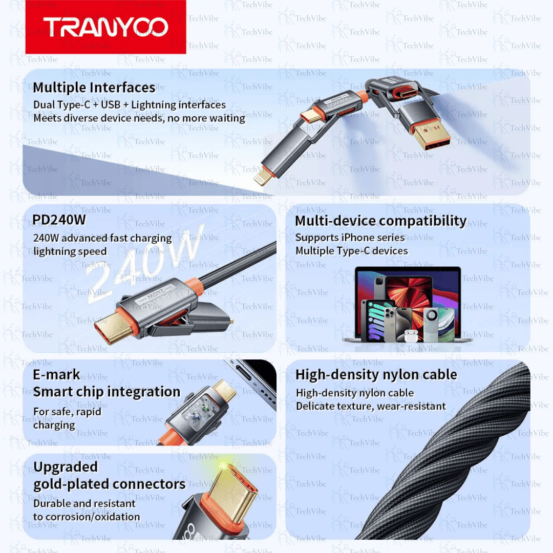 Tranyoo 4 - In - 1 Braided Fast Charging Data Cable - TechVibe