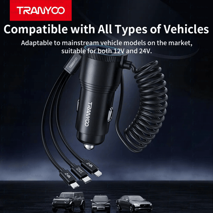 Tranyoo Telescopic 2Usb Metal Car Charger 30W - TechVibe