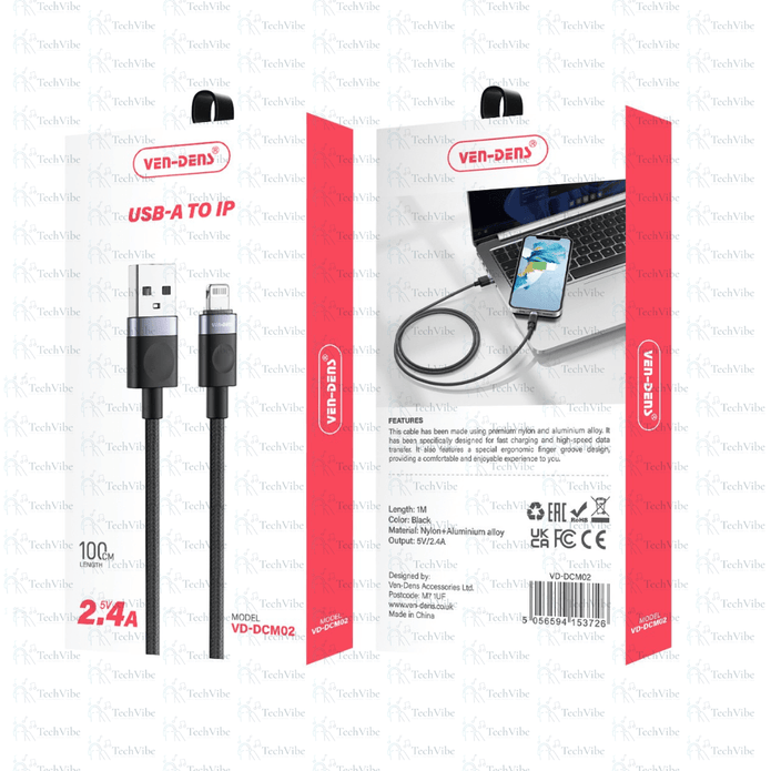 Ven - Dens 2.4A 5V Usb A To Lightning Charging Cable - TechVibe