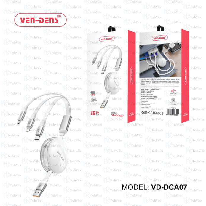 Ven - Dens 3 In 1 15W Max Multi Support Chargeing Cable - TechVibe