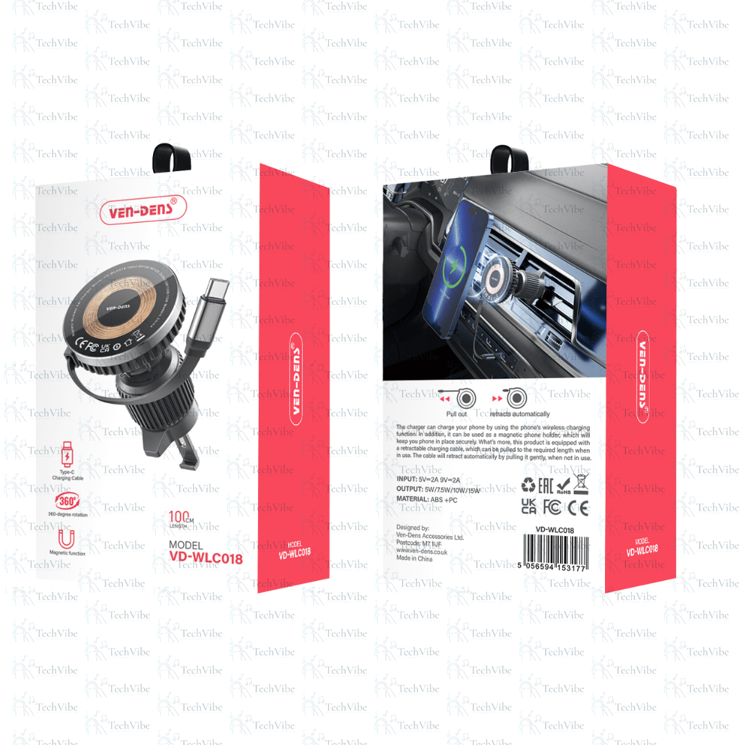 Ven - Dens 360 Rotation Magnetic Function Wireless Car Charger With Type - C Cable - TechVibe