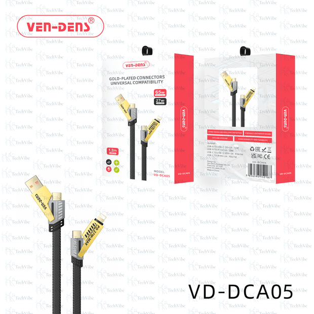 Ven - Dens 4 In 1 Gold Plated Connectors Universal Compatibility 65W Cable - TechVibe
