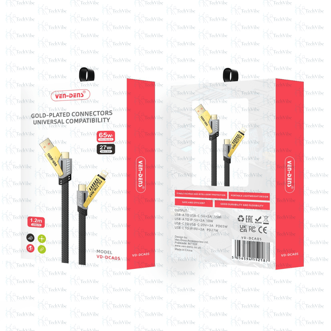 Ven - Dens 4 In 1 Gold Plated Connectors Universal Compatibility 65W Cable - TechVibe