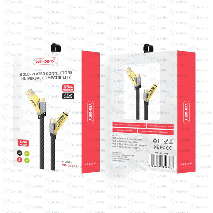 Ven - Dens 4 In 1 Gold Plated Connectors Universal Compatibility 65W Cable - TechVibe