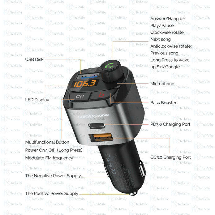 Ven - Dens Car Charger & Fm Player 2.1A Usb + Pd 18W - TechVibe
