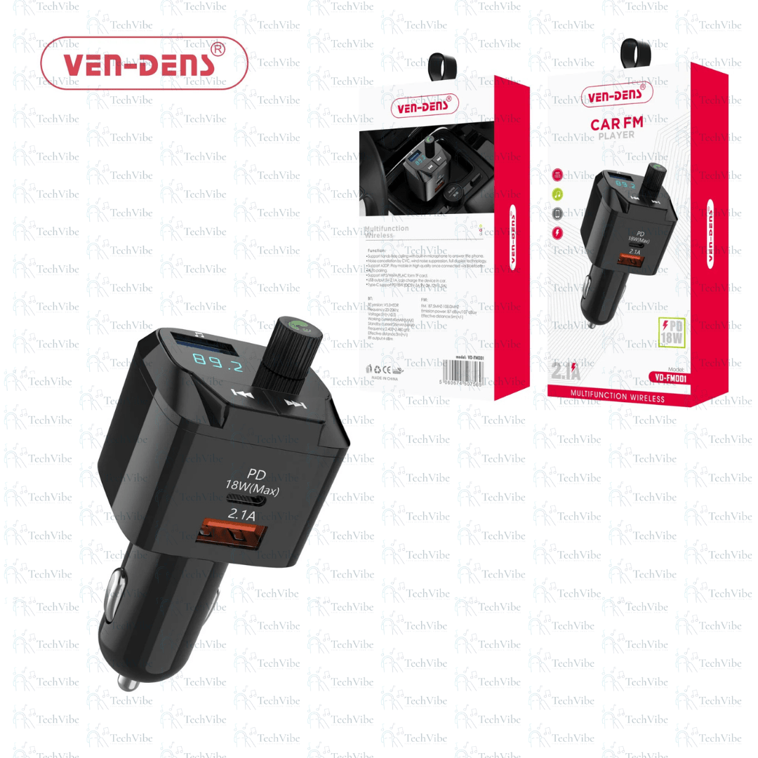 Ven - Dens Car Charger & Fm Player 2.1A Usb + Pd 18W - TechVibe