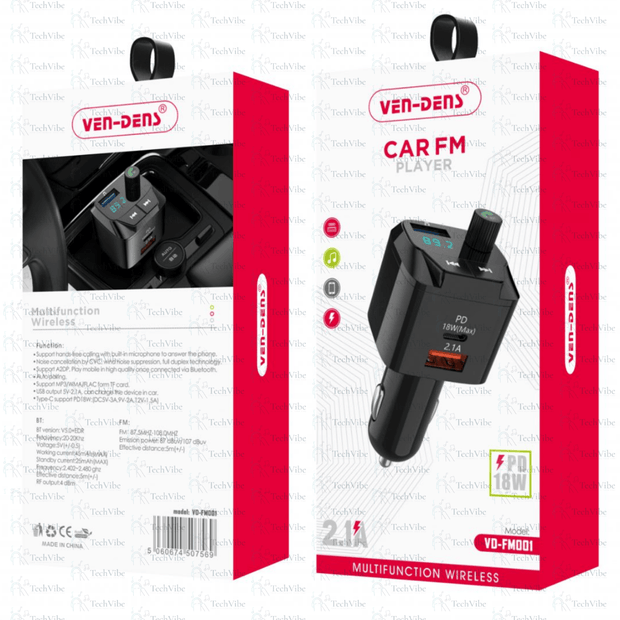 Ven - Dens Car Charger & Fm Player 2.1A Usb + Pd 18W - TechVibe