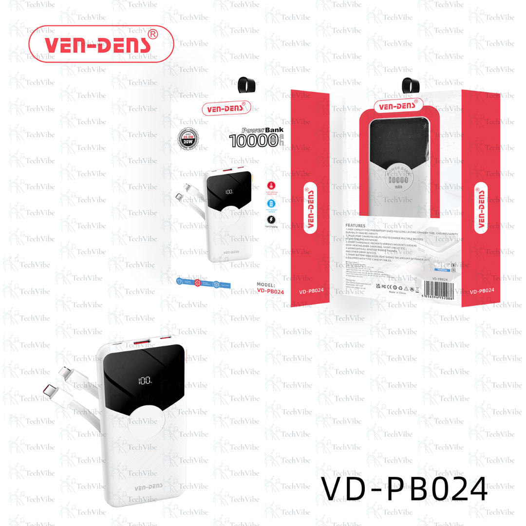 Ven - Dens Power Bank 10000Mah 22.5W/20W Led Display Buit In Type C & Iphone Cables - TechVibe