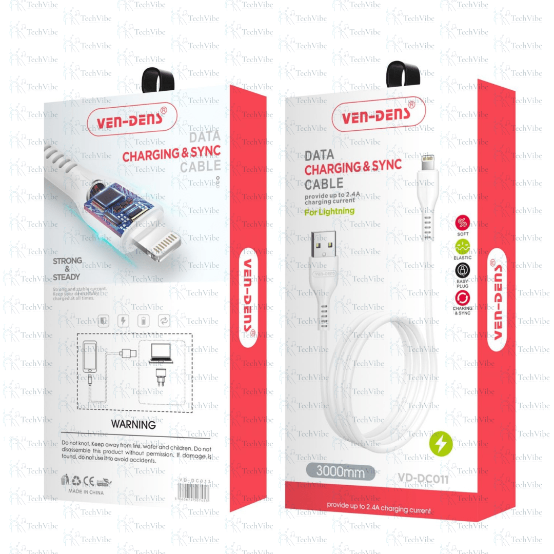 Ven - Dens Usb To Lightning Charging Cable 2.4A White (3 Metre) - TechVibe