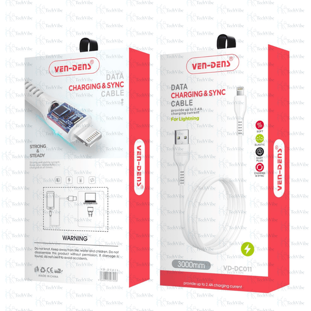 Ven - Dens Usb To Lightning Charging Cable 2.4A White (3 Metre) - TechVibe