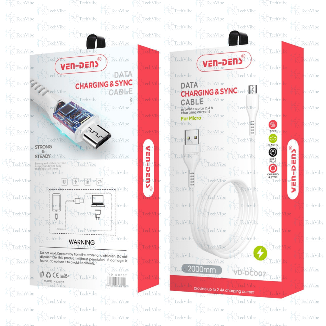 Ven - Dens Usb To Micro Charging Cable 2.4A White (2 Metre) - TechVibe