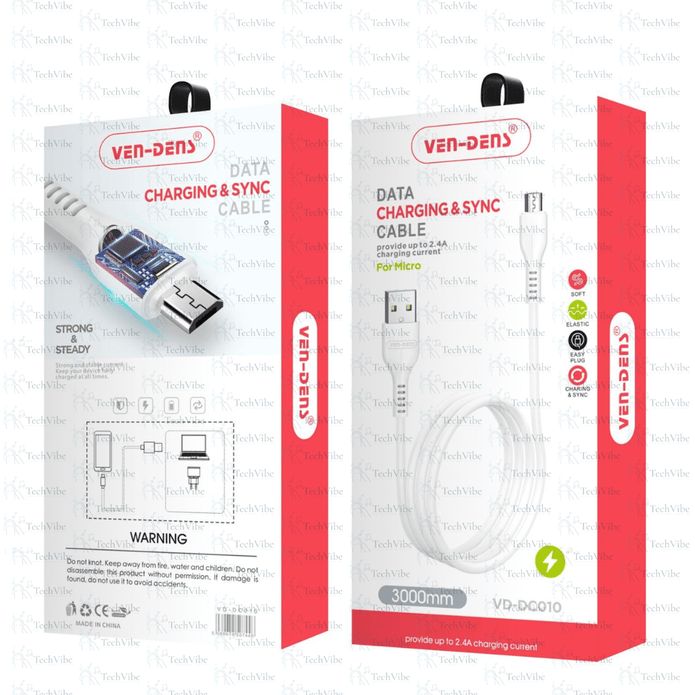 Ven - Dens Usb To Micro Charging Cable 2.4A White (3 Metre) - TechVibe