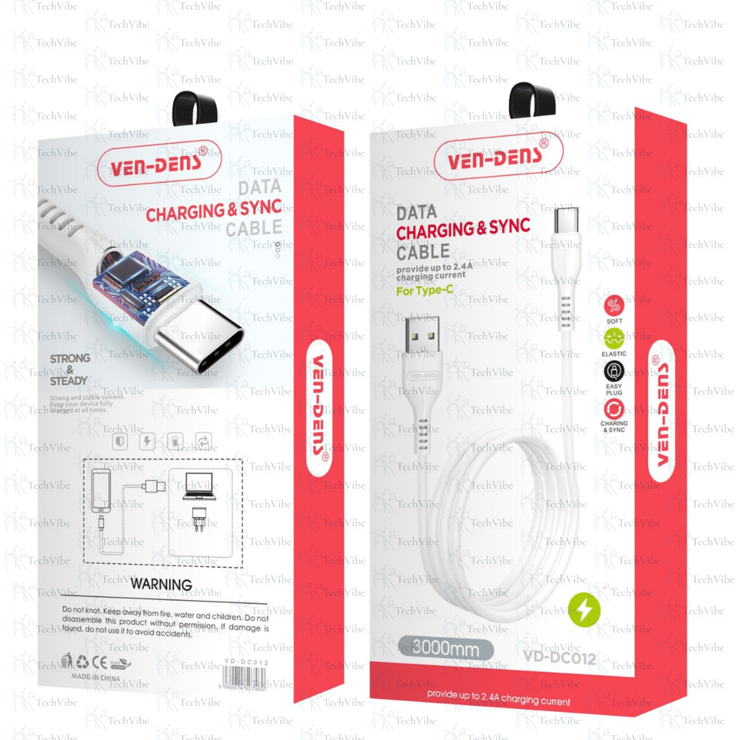 Ven - Dens Usb To Type C Charging Cable 2.4A White (3 Metre) - TechVibe