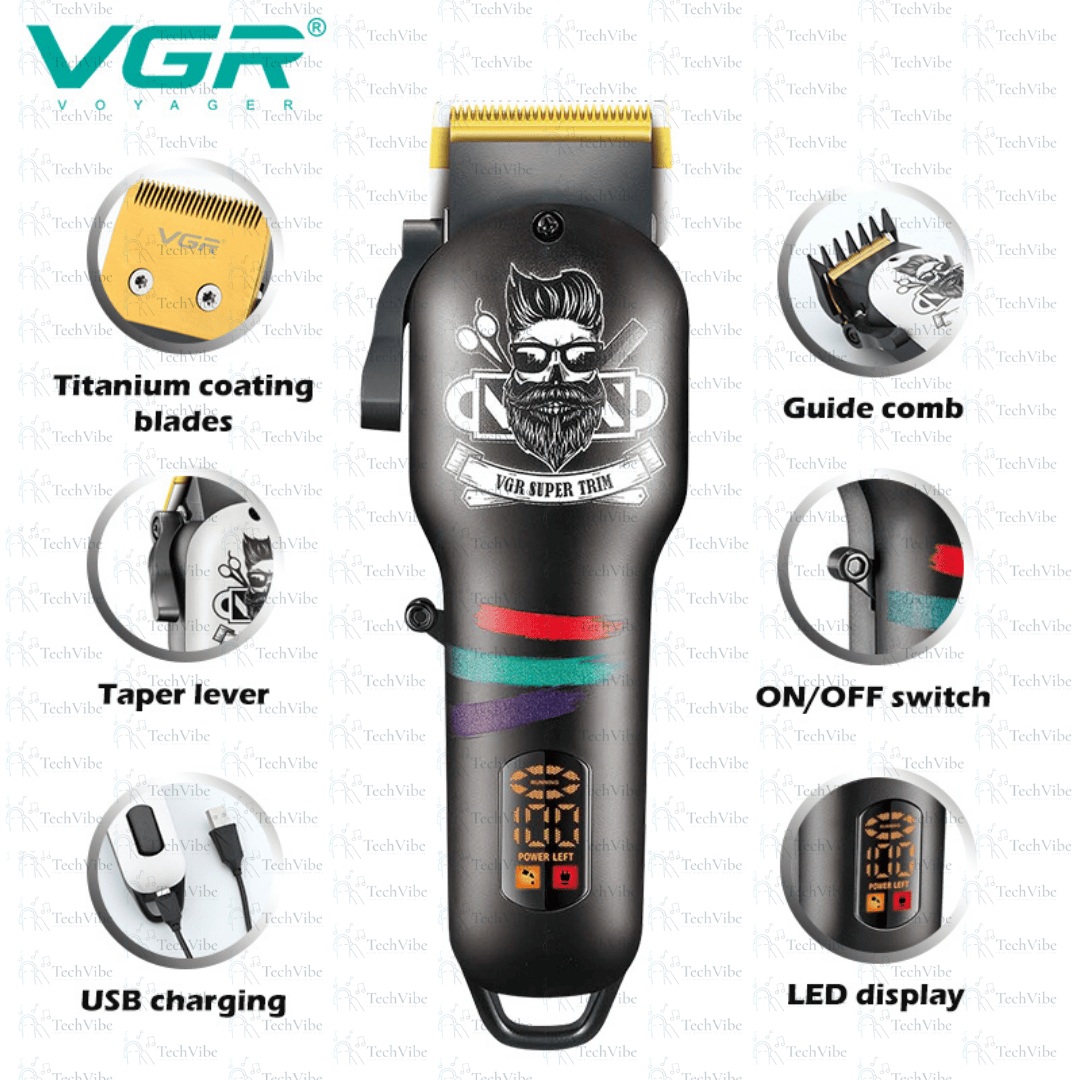 VGR Salon Series Professional Digital Display Cordless Hair Clipper With Taper Lever Hair Cutter Kit Grooming - TechVibe