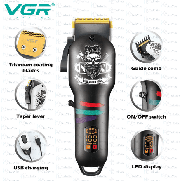 VGR Salon Series Professional Digital Display Cordless Hair Clipper With Taper Lever Hair Cutter Kit Grooming - TechVibe