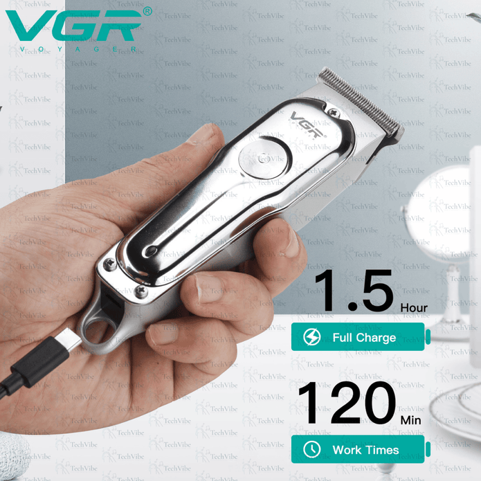 VGR Turbo Speed Dual Speed Zero Adjustable Cordless Professional Rechargeable Hair Trimmer Metal Barber - TechVibe
